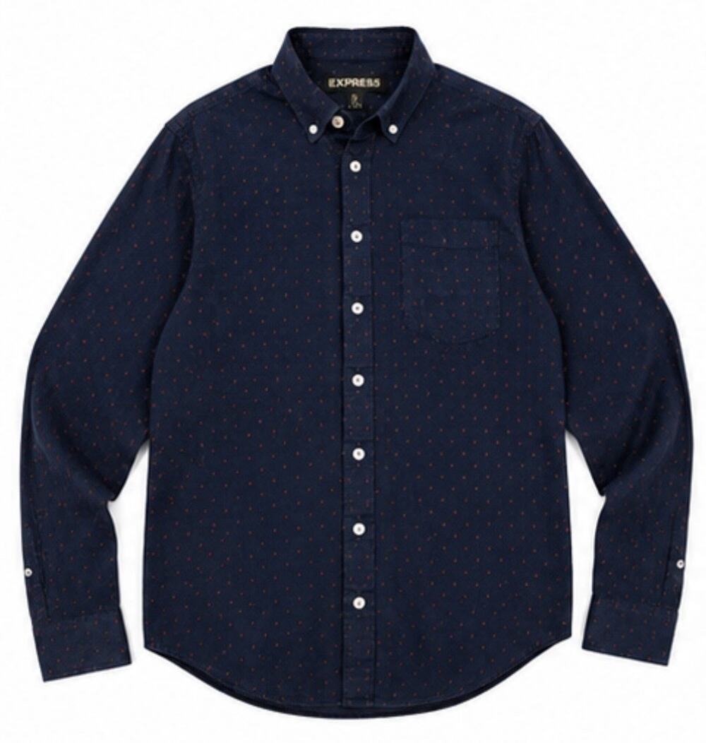 Express Men’s Medium Blue Red Dot Button Down Shirt Long Sleeve Casual Cotton